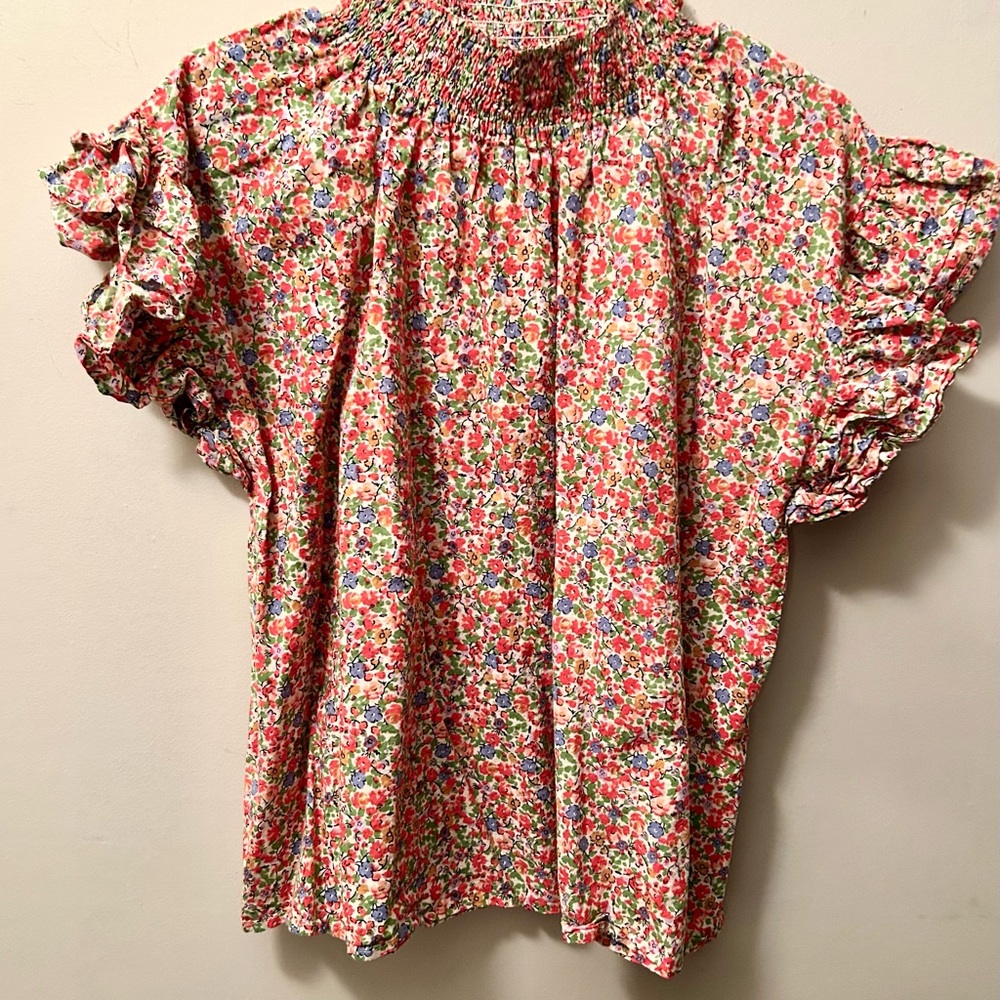 Colorful Floral Ruffle Sleeve Blouse
